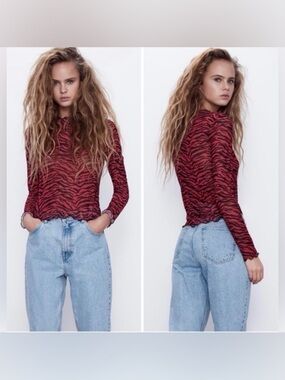 Zara Red Black Zebra Print Sheer Mesh Fairy Grunge Long Sleeve Top Medium